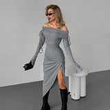 storm costume Gray Knitted off-Neck Tube Top Dress Women's Clothing 2024 Autumn and Winter Slim Flared Sleeve Sheath Bottoming Skirt