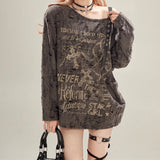 grunge outfits Waste Soil Style off-the-Shoulder Hot Girl Printed Blouse Top Women's Ripped Loose Feeling Lazy Long Sleeve T-shirt Summer Fashion