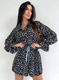 Taooba- Two Piece Floral Print Cardigan Long Sleeve Shorts Pajamas Suit