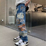 casual outfits American High Street Ripped Heavy-Duty Embroidered Jeans Men's and Women's Street Retro Fried Street Versatile Trendy Men's Straight Pants