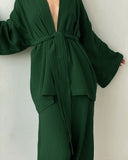 Taooba- Green Crepe Long-Sleeves Loose Trouser Two-Piece Suit