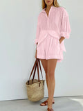 Taooba- Two Piece Solid Color Stripes Long Sleeve Loose Shorts Suit