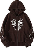 90s streetwear Autumn and Winter Fleece-lined Thickened Spider Web Love Printed Zipper Fleece-lined Warm Hooded Cardigan Jacket