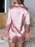 Taooba- Pink Long Sleeve Feather Pajamas and Shorts Set