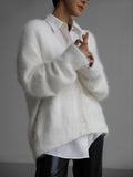 Women’s fashion Faux Mink Wool Knitted Sweater Cardigan 2024 Autumn and Winter Lazy Loose Long Sleeve V-neck Sweater Coat for Women