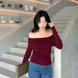 casual dinner outfit fall 14-Pin Skin-Friendly Anti-Pilling French Style Women's Wool Top off-the-Shoulder Collarbone Sweater 2024 Autumn