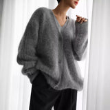 knitted Faux Mink Fur V-neck Knitted Cardigan for Women Autumn and Winter New Lazy Loose Long Sleeve Outer Sweater Coat