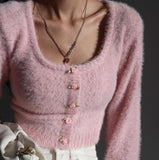 Taooba Aria Rose Button Fuzzy Crop Cardigan