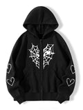 90s streetwear Autumn and Winter Fleece-lined Thickened Spider Web Love Printed Zipper Fleece-lined Warm Hooded Cardigan Jacket