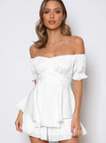 Taooba- Sexy White Off Shoulder Tie Waist Top and Short Set