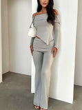 Taooba- Gray Off Shoulder Asymmetrical Top and Pants Set