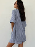 Taooba- Two Piece Loose White Stripes Short Sleeves Set