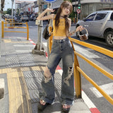 90s streetwear American High Street Ripped Loose Wide-Leg Jeans Women's 2024 Autumn High Waist Slimming Straight Mop Pants