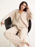 Taooba- Khaki V-Neck Long-Sleeves Loose Pants Set