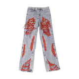 jeans High Street Brushed Destroyed Heavy Embroidery Ripped Jeans Men and Women Street Hip Hop Casual Straight Pants