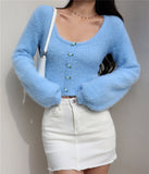 Taooba Aria Rose Button Fuzzy Crop Cardigan in Blue