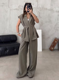 Taooba- Casual Sleeveless Cardigan High-Waisted Trouser Suit