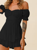 Taooba- Sexy Black Off Shoulder Tie Waist Top and Short Set