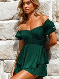 Taooba- Sexy Green Off Shoulder Tie Waist Top and Short Set