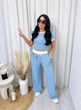 Taooba- Casual Blue Two Piece Round Neck Short Sleeve Tops Wide Leg Pants Set