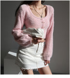 Taooba Aria Rose Button Fuzzy Crop Cardigan