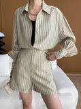 Taooba- French Stripe Long-Sleeved Shirt and Shorts Set