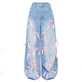 2000s fashion Hot Girl Jeans Women's Autumn New Mid-Waist Wide-Leg Pants Bow Decoration All-Matching Trousers