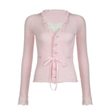 y2k Gentle Sweet Style Lace Stitching Lace Bow Tie Square Collar Top Pink Girl All-Match Lace Long Sleeve