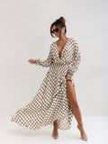 fall photoshoot outfits 2024 Floral Bohemian Dress Wrap V-neck Long Sleeve Split Hem A- line Elegant Maxi Dress for Women