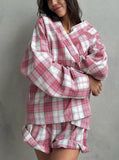 Taooba- Retro Plaid Design Long Sleeve Two Piece Set