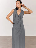 Taooba- French Style High-Waist V-Neck Sleeveless Casual Two-Piece Suit