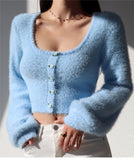 Taooba Aria Rose Button Fuzzy Crop Cardigan in Blue