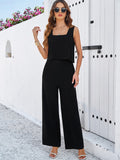 Taooba- Black Two Piece Sleeveless Top and Loose Pants Set