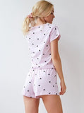 Taooba- Two Piece Knitted Heart Print Short-Sleeved Shorts Set