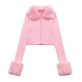 fall outfits women Plush Lapel Slim-Fit Short Long-Sleeved Sweater Style Sweet Pink Plush Cuff Sweater