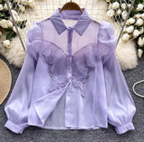 korean fashion Design Sense Niche Shirt Women's New Three-Dimensional Butterfly Embroidered Puff Sleeve Versatile Slimming Mesh Top Fashion