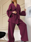 Taooba- Solid Color Crepe Long-Sleeves Loose Trouser Two-Piece Suit