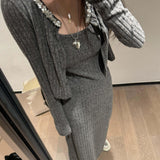 fall outfits 2024  Autumn New Korean Style Beaded Sequin Stitching Cardigan + Sling Dress Long Dress Two-Piece Set Lazy Suit Women