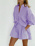 Taooba- Purple Two Piece Striped Loose Shirt Elastic Waist Short Set