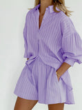 Taooba- Two Piece Solid Color Stripes Long Sleeve Loose Shorts Suit