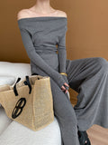 Taooba- One Shoulder Knitted Top Wide Leg Pants Two Piece Suit