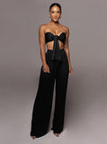 Taooba- Black Lace-Up Tube Top and Mid Waist Wide Leg Pants