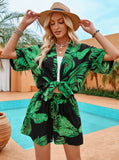 Taooba- Tropical Print Short Sleeve Cardigan Drawstring Short Two Piece