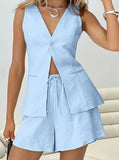 Taooba- Lace-Up Wrinkled V-Neck High-Waist Casual Two-Piece Suit