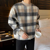 Taooba-10175 KNIT PLAID CREWNECK SWEATER