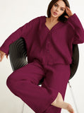 Taooba- Solid Color V-Neck Long-Sleeves Loose Pants Set