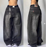 Taooba back to school fits Black Gray Denim Wide Leg Pants Jazz Dance Dancing Pants American High Waist Retro Distressed Ins Niche Design Sense