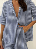 Taooba- Two Piece Loose White Stripes Short Sleeves Set