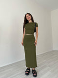 Taooba- Casual Green Round Neck Crop Top and Skirt Set