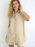 Taooba- Two Piece Solid Color Casual Half Sleeve Shirt and Shorts Set